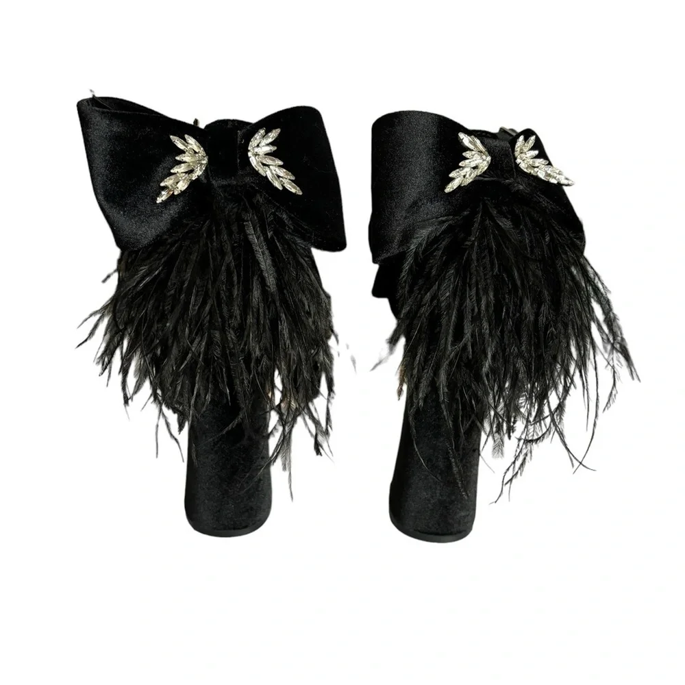 ANTONIO MELANI Black Platform Feather Ankle-Strap Sandals